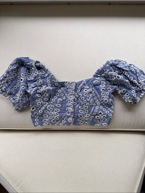 Olivaceous Blue Eyelet Puff-Sleeve Crop Top S